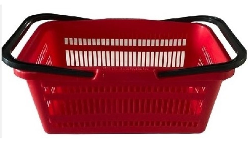 košík nákup.44x28x20cm, červ., tm.modrý, 2ucha, plast