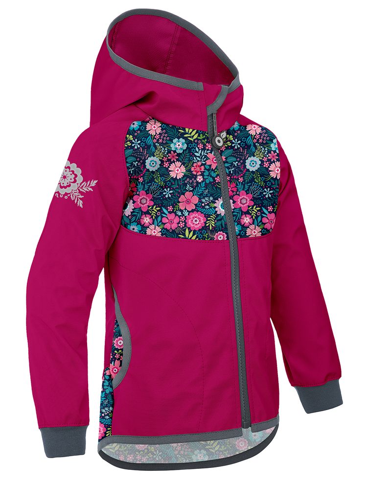 Levně unuo Softshellová bunda bez zateplení Květinky malinová (Unuo softshell jacket) - 104/110