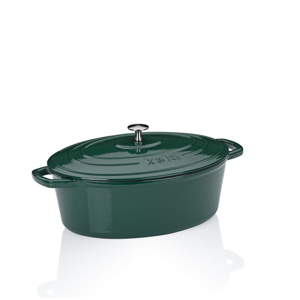 Levně KELA Pekáč litinový s poklicí Calido oválný smaragdově zelená 33x26x12cm 6l KL-12902