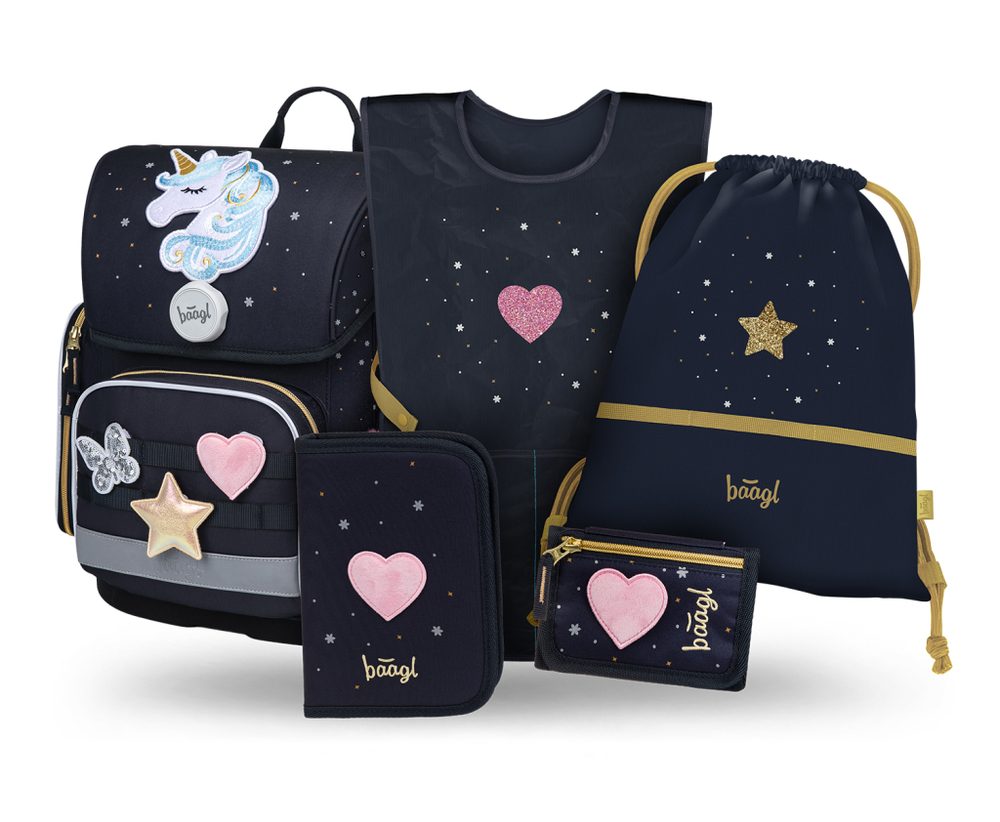 Levně BAAGL SET 5 Ergo Unicorn Gold: aktovka, penál, sáček, zástěra, peněženka