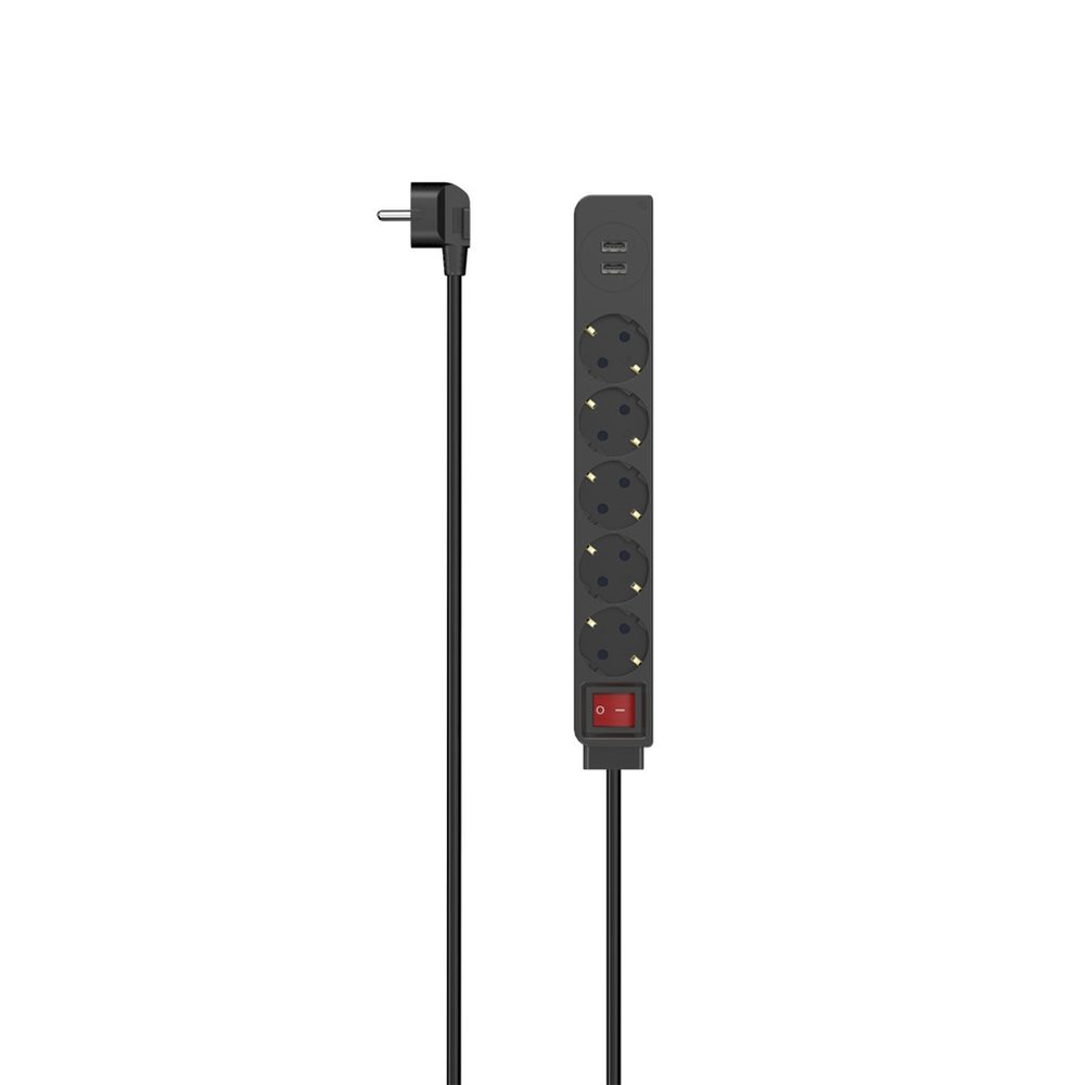 Levně Hama prodlužovací přívod s vypínačem, 5x zásuvka schuko, 2x USB-A, 1,4 m, černý