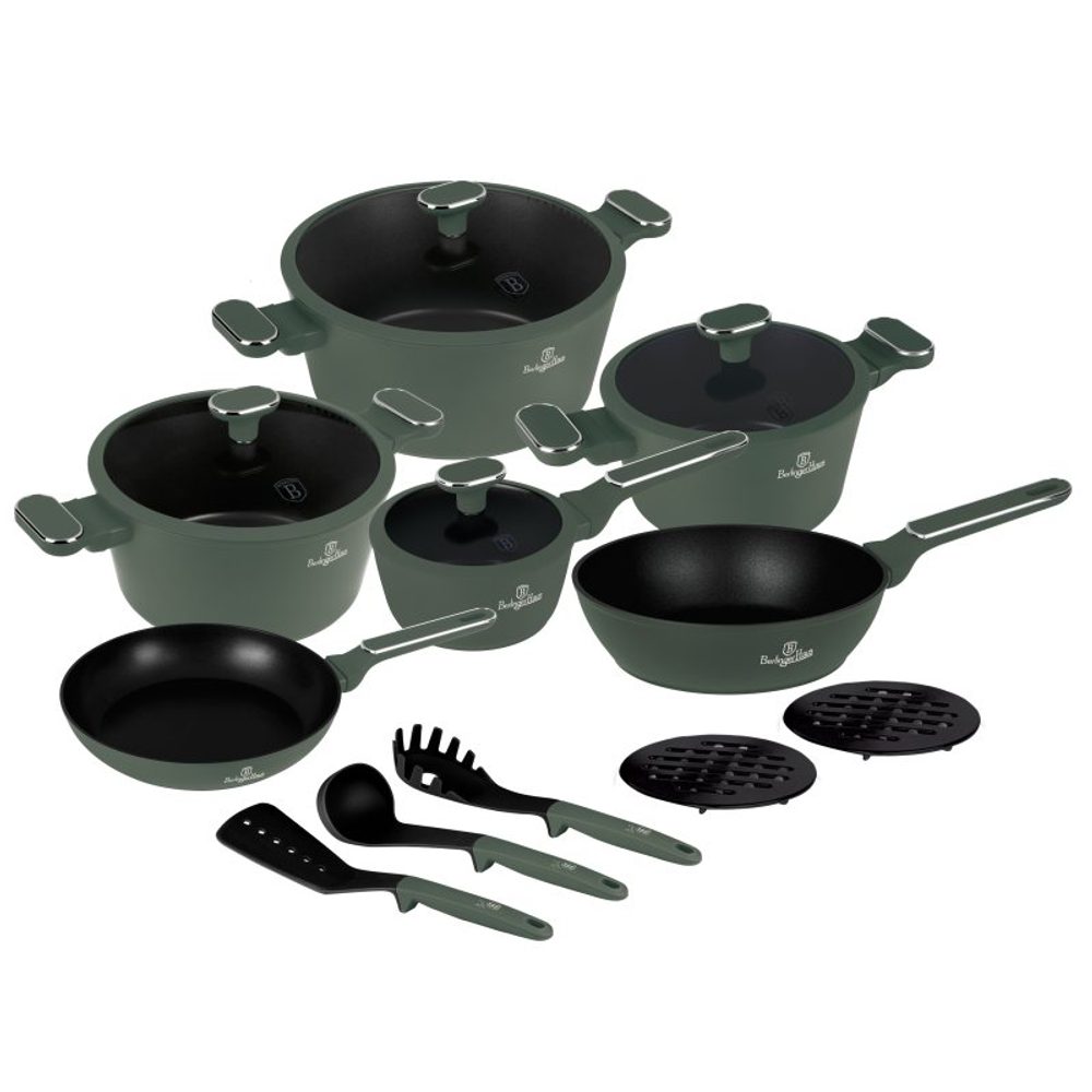 Levně BERLINGERHAUS Sada nádobí s titanovým povrchem 15 ks Matte Green Collection BH-8208