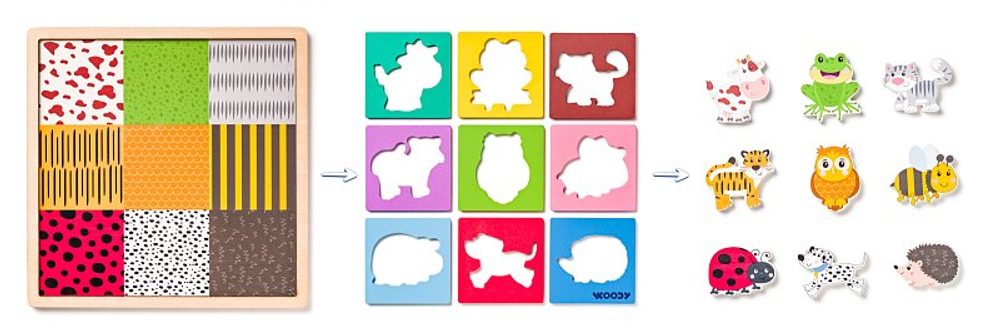 Levně WOODY Puzzle se zvířátky, tvary-barva