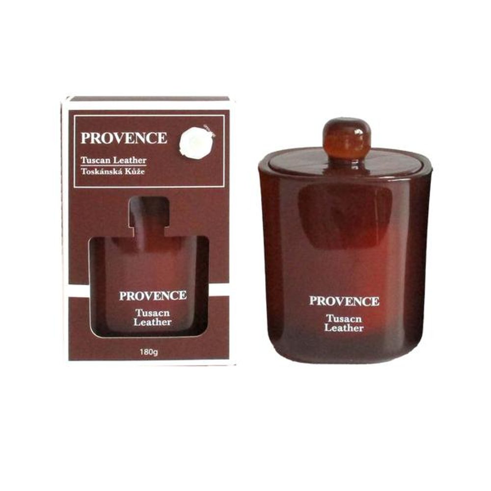 Levně Provence SVÍČKA VE SKLE TUSCAN KŮŽE 9X9,2CM 180G 25H HOŘENÍ