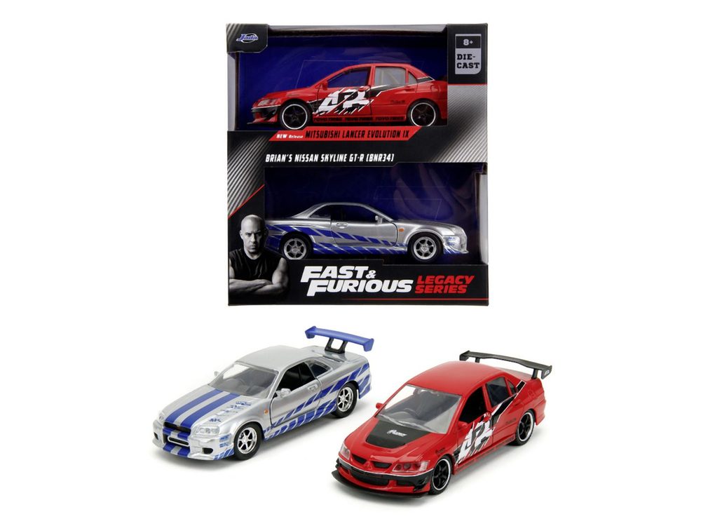 Levně Rychle a zběsile Twin Pack 2006 Mitsubishi Lancer Evo IX + Brianův 2002 Nissan Skyline GTR R34, 1:32 Wave 4/2