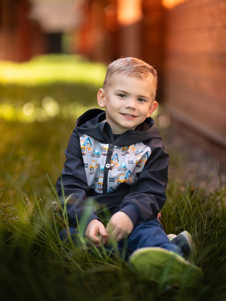 Levně Unuo, Dětská softshellová bunda bez zateplení Basic, Tm. Šedá, Bagry - 110/116