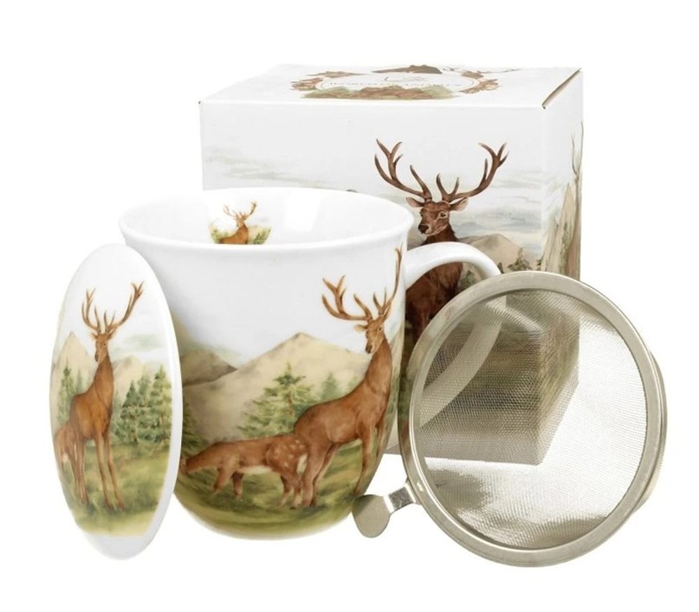 Levně hrnek 400ml JELEN+víčko+sítko NR, porcelán, DB