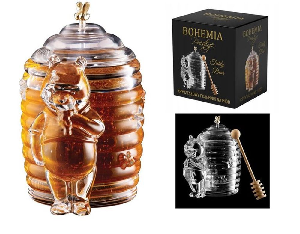 Levně dóza 300ml, d8x15,5cm,na med TEDDY BEAR, naběračka, sklo