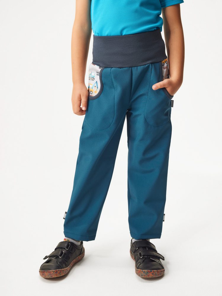 Levně Unuo, Dětské softshellové kalhoty s fleecem Basic, Kobaltová, Bagry - 104/110