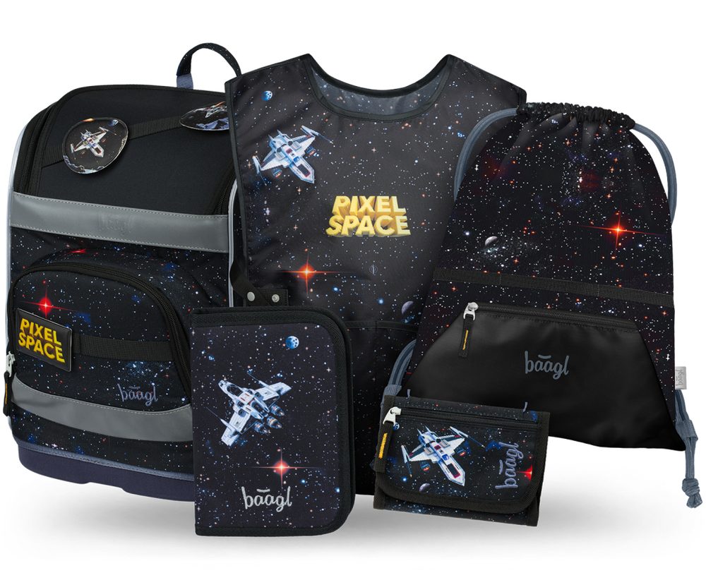 Levně BAAGL SET 5 Zippy Plus Pixel Space: aktovka, penál, sáček, zástěra, peněženka
