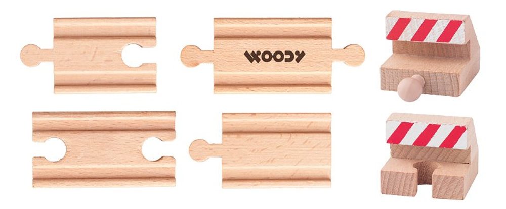 Levně WOODY Příslušenství k dráze - Propojovací koleje a zarážky, 6ks