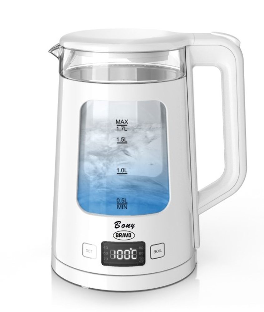 Levně konvice var. 1,7l B-4999, BONY, dvouplášť. s regulací, sklo, bílá