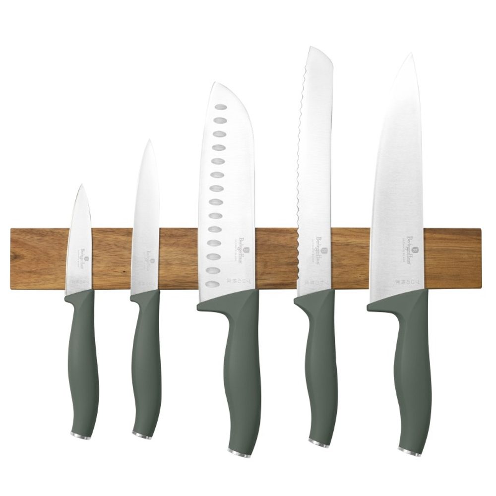 Levně BERLINGERHAUS Sada nožů s magnetickým držákem z akátového dřeva 6 ks Matte Green Collection BH-2978