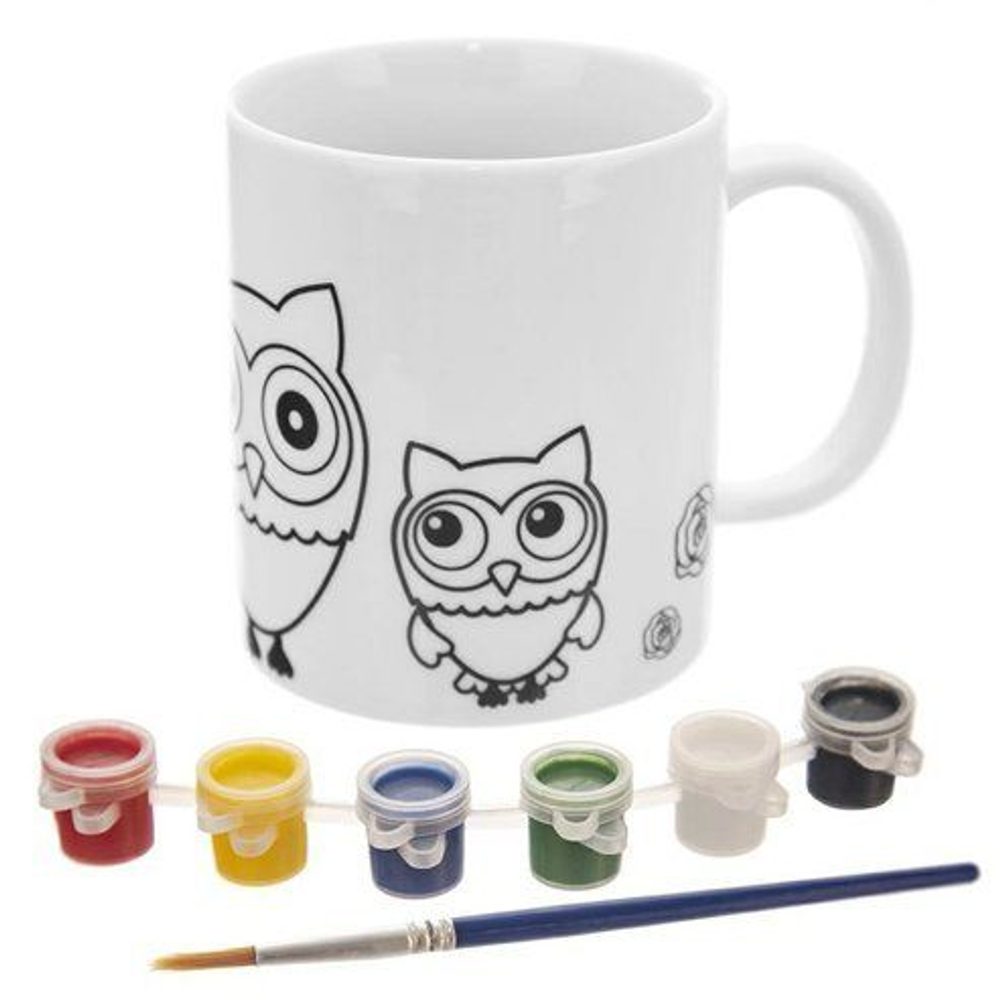 Levně hrnek 380ml SOVA porcelán, barvy a štětec k dekorování