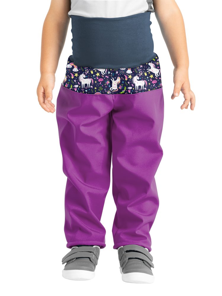Levně Unuo, Batolecí softshellové kalhoty s fleecem, Ostružinová, Jednorožci (Softshell toodler trousers) - 80/86