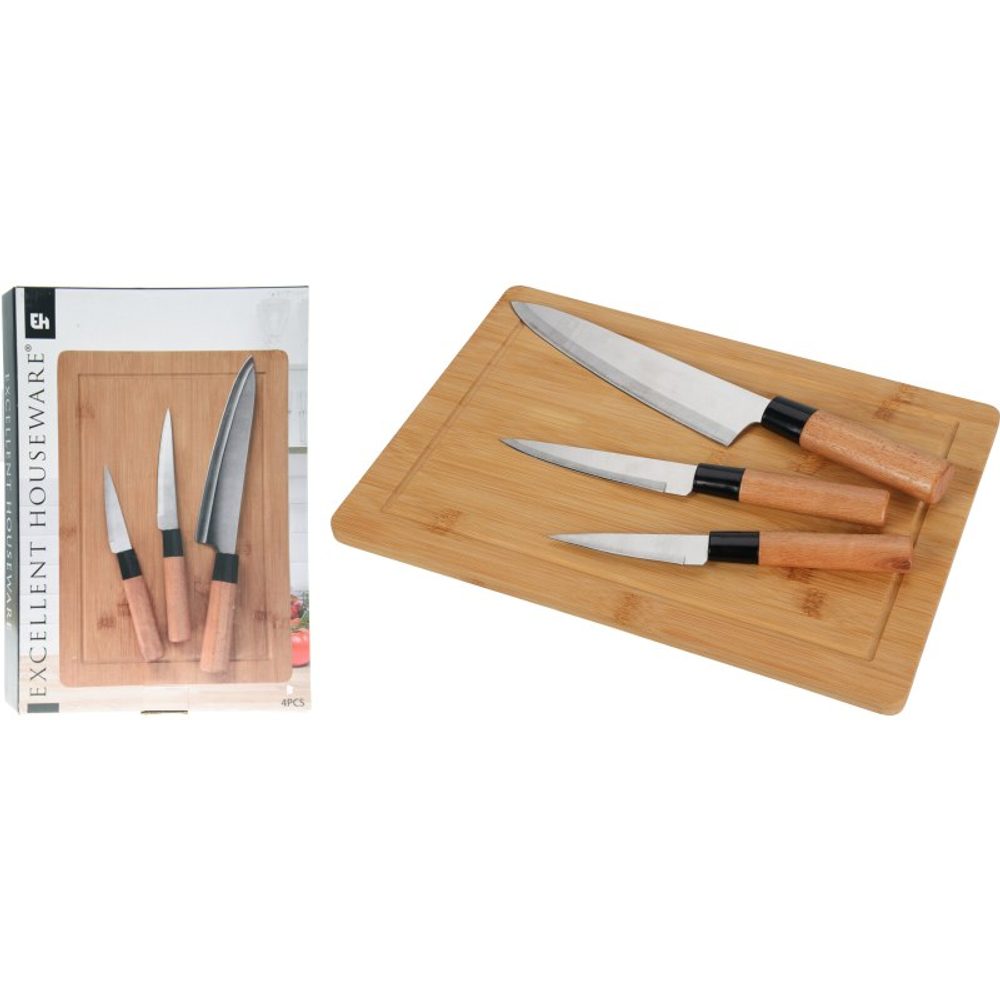 Levně EXCELLENT HOUSEWARE Sada kuchyňských nožů s prkénkem 4 ks bambus KO-C80652970