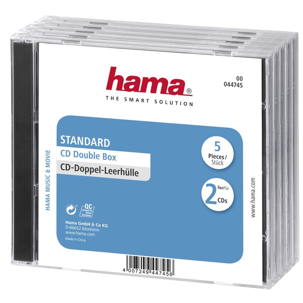 Levně Hama CD Double box, standardní obal na 2 CD/DVD, průhledný/černý, balení 5 ks (cena za balení)