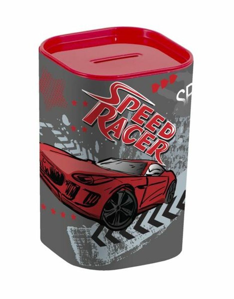 Levně pokladnička SPEED RACER 7,6x7,6x12cm, plast, otvír.