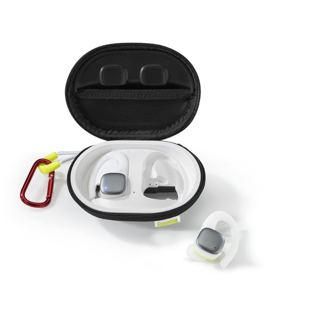 Levně Hama Bluetooth sluchátka Spirit Athletics s klipem, pecky, nabíjecí pouzdro, bílá