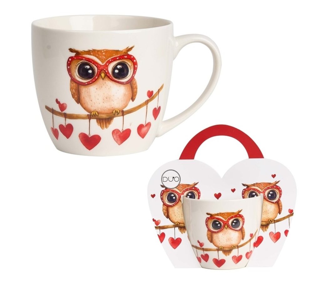 Levně hrnek 460ml baňatý SOVA na větvi se srdíčky, DB taška, porcelán