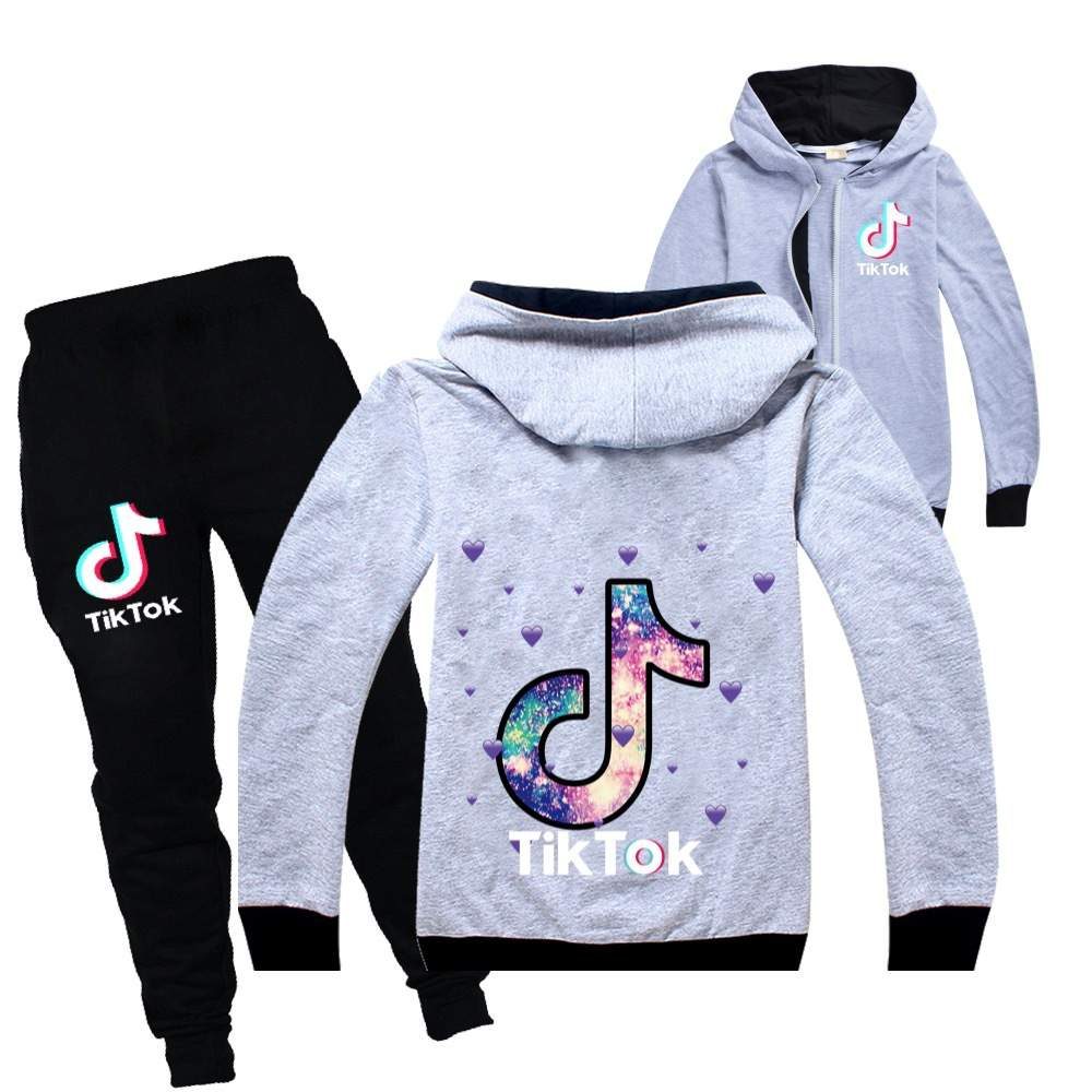 Levně Tepláková souprava TikTok Mikina šedá s kapucí + tepláky černé - 150