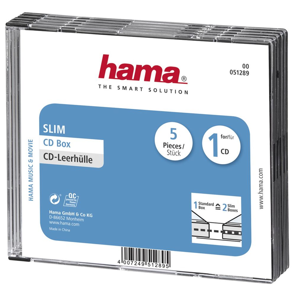 Levně Hama CD Slim Box, obal na 1 cd/dvd, průhledný/černý, balení 5 ks (cena za balení)