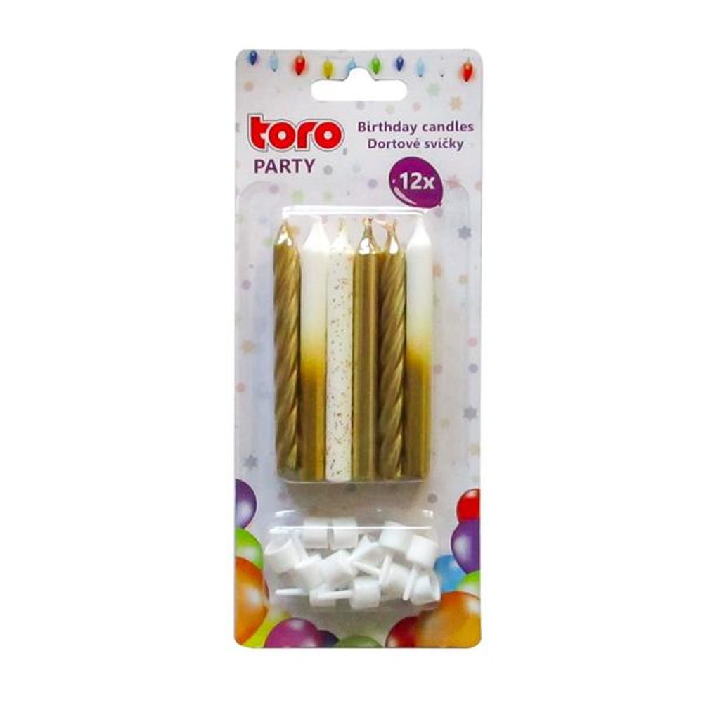 Levně TORO SVÍČKY ZLATÉ S DRŽÁKEM 8X0,8CM, 12KS ASSORT