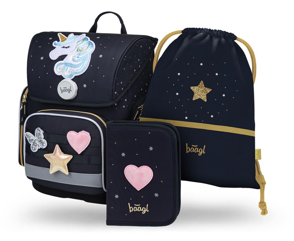 Levně BAAGL SET 3 Ergo Unicorn Gold: aktovka, penál, sáček