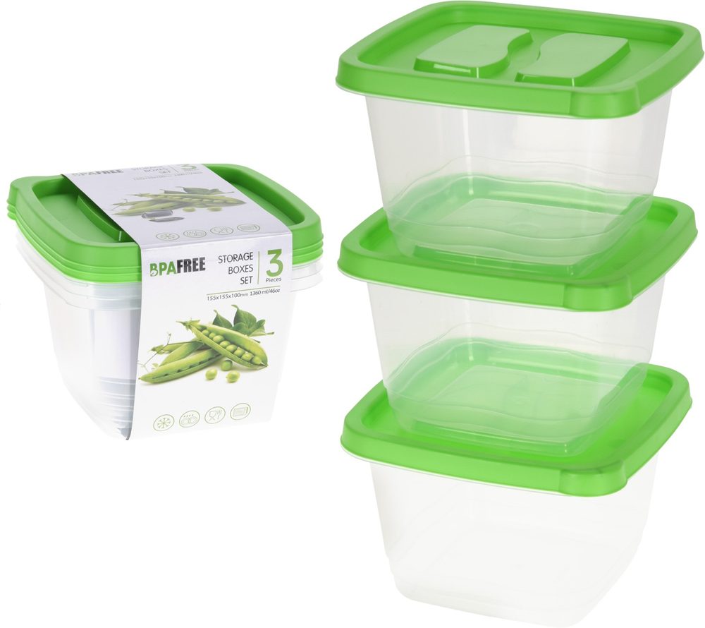 Levně box-sada 3ks, 1360ml, čtver., zelený+transp. plast