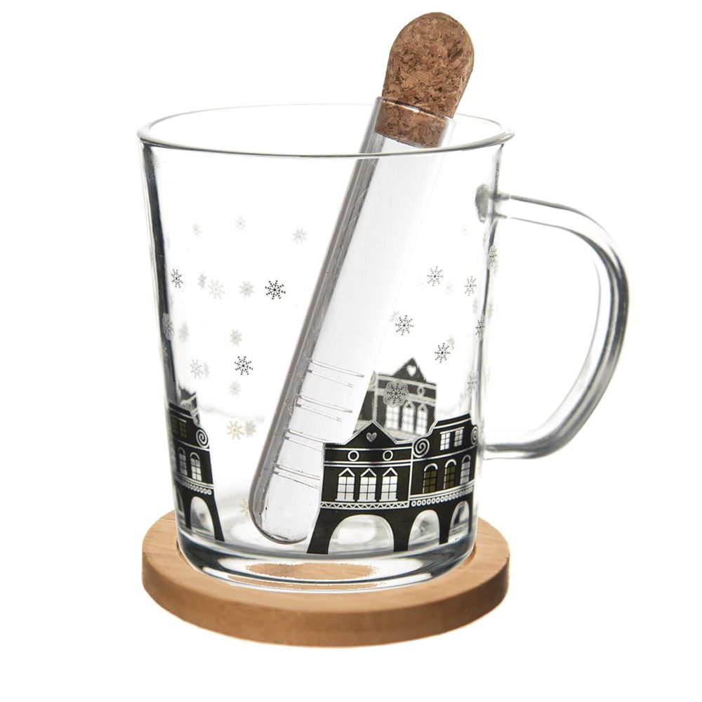 Levně Hrnek sklo/bambus podšálek+infuzér DOMKY 0,42 l