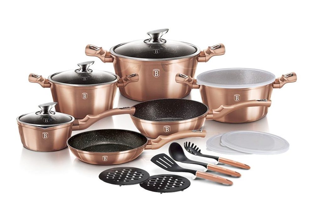 Levně BERLINGERHAUS Sada nádobí s mramorovým povrchem 18 ks Rosegold Metallic Line BH-7034