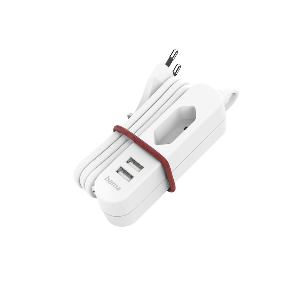 Levně Hama síťová nabíječka s prodlužovacím kabelem, 2x USB-A, 1x el. zásuvka Euro, 1,9 m