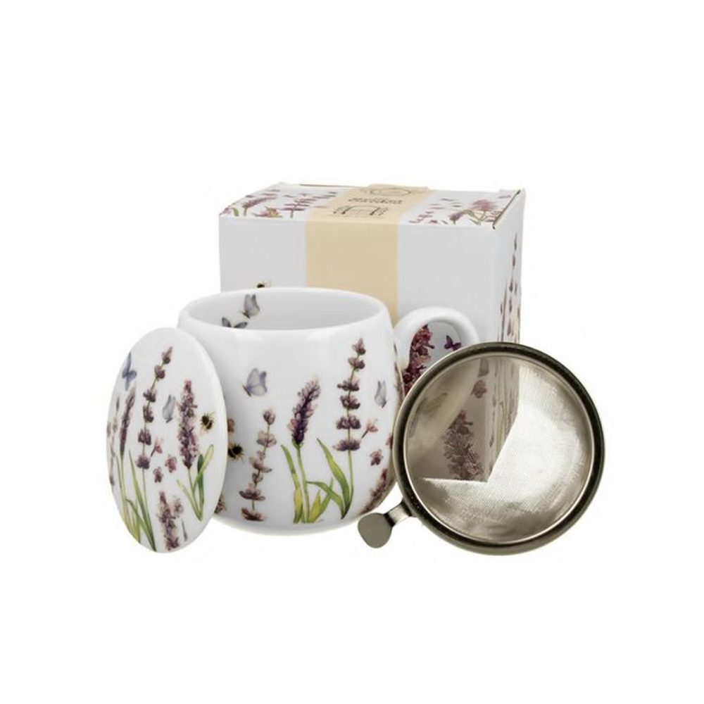 Levně hrnek 430ml baňatý LEVANDULE+víčko+sítko NR, porcelán, DB