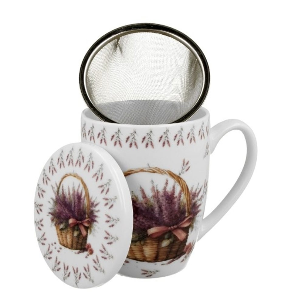 Levně hrnek 380ml LEVANDULE v košíku+víčko+sítko NR, porcelán, DB