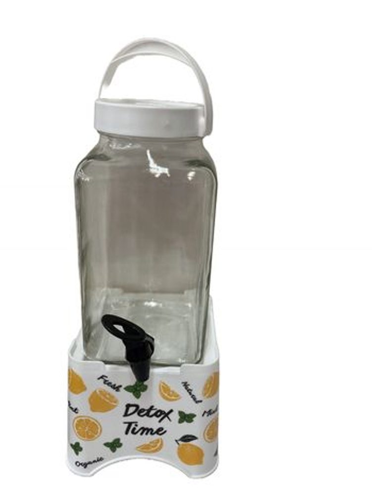 Levně láhev 3,0l sklo s kohoutem, bílý plast.stojan DETOX TIME