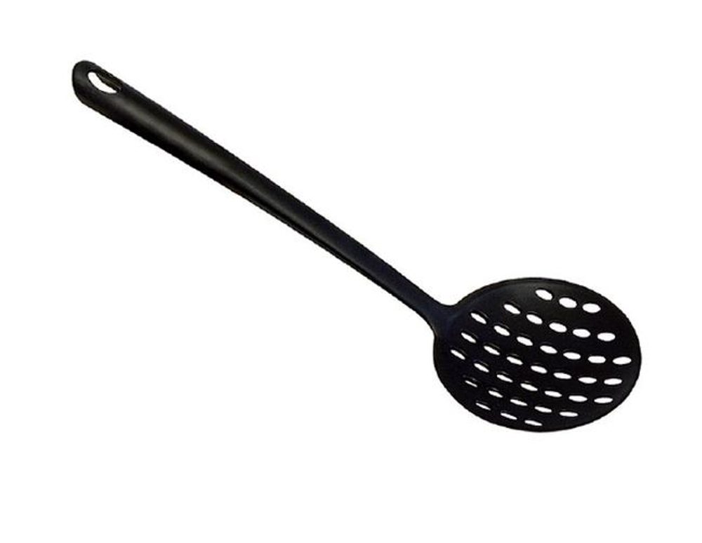 Levně lžíce d11x34cm děrov., pěnov., černá, do 210°C, PP, plast