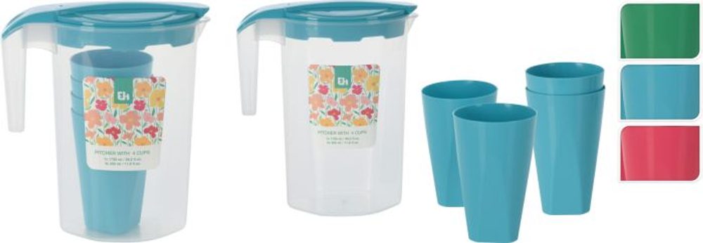Levně džbán 1,75l + 4kelímky 0,35l, 3barvy, plast
