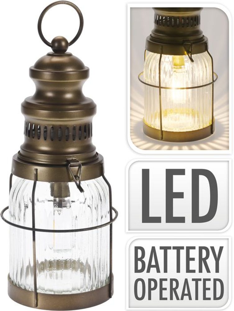 Levně lucerna 29cm, LED, s žárovkou, camping, zahrada, kov/sklo