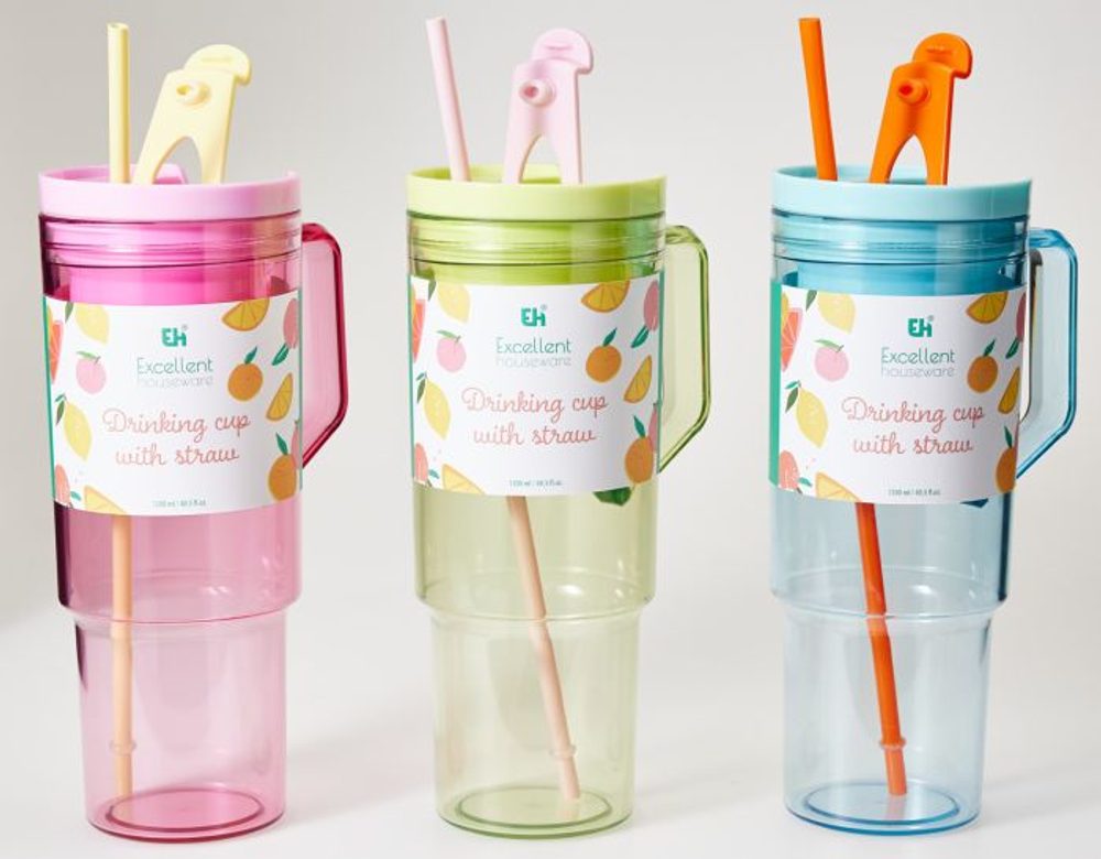 Levně hrnek 1000ml, 3barvy, brčko, d9,8x26,5cm, AKRYLON, plast