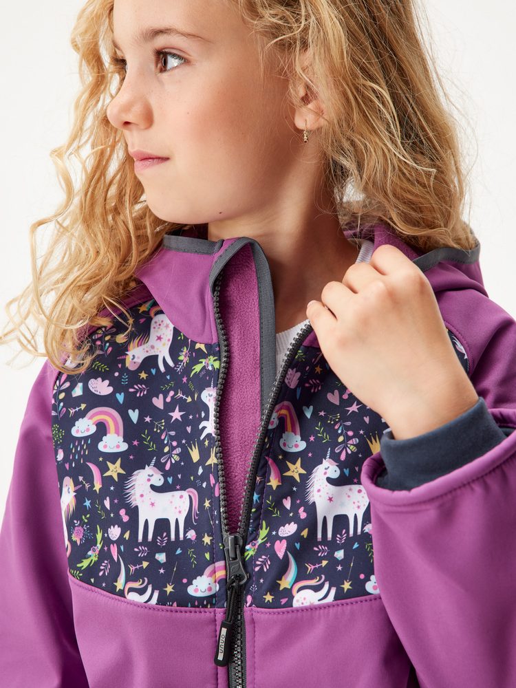 Levně Unuo, Softshellová bunda s fleecem, Ostružinová, Jednorožci ( Unuo softshell jacket printed) - 110/116