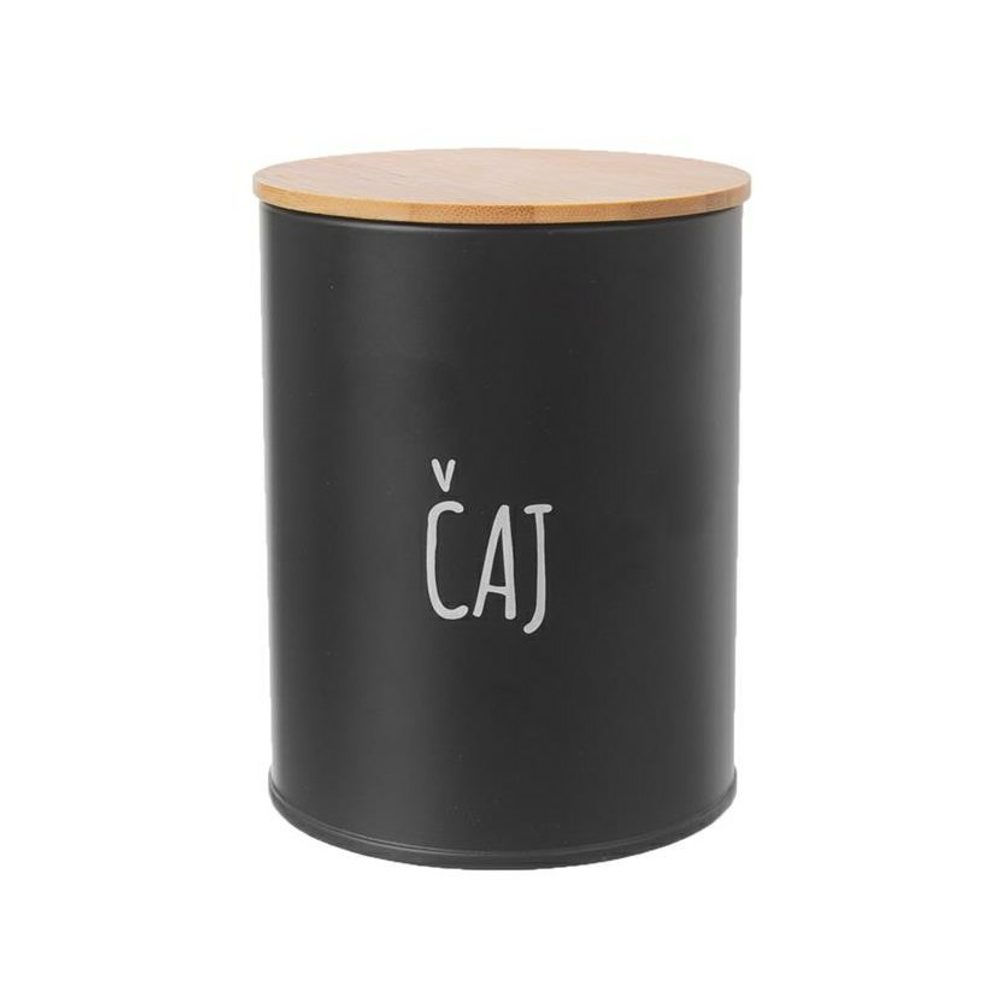 Levně dóza plech. d 9,5x12,5cm, ČAJ, BLACK, plech/bambus