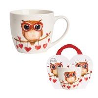 hrnek 460ml baňatý SOVA na větvi se srdíčky, DB taška, porcelán