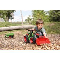 Traktor se lžící a s vozíkem, červeno zelený