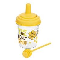 dóza 320ml, d7,5x16cm na med s naběračkou, sklo/plast