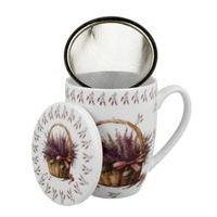 hrnek 380ml LEVANDULE v košíku+víčko+sítko NR, porcelán, DB