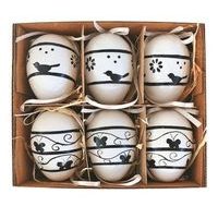 dekorace VAJÍČKA s černým dekorem, 6cm, 6ks, plast, závěs