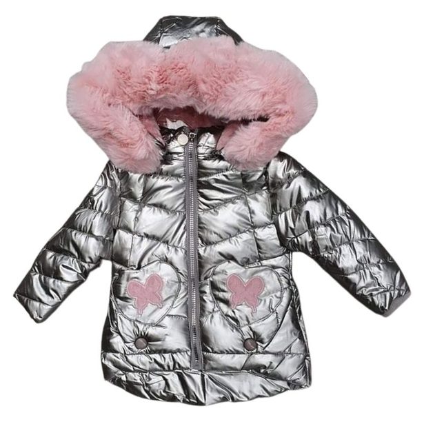 Dívčí zimní bunda stříbrná s růžovými motýlky