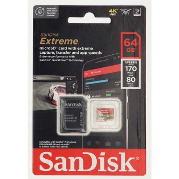 SanDisk Extreme microSDXC 64 GB + SD Adapter 170 MB/s and 80 MB/s A2 C10 V30 UHS-I U3