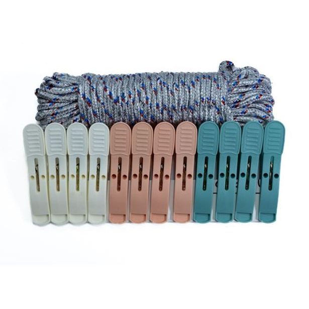 šňůra 13m+kolíčky 12ks (8,5*1,8*3,8cm), 3barvy, kov.pružina, plast