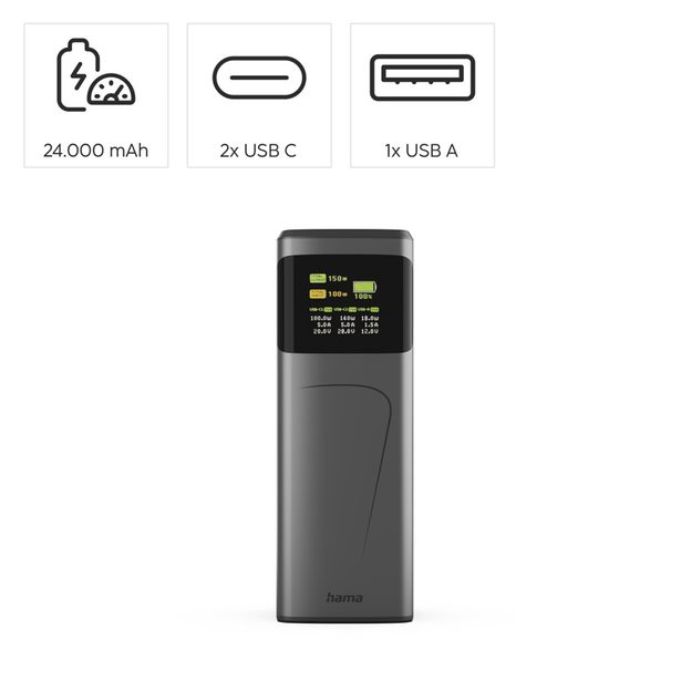 Hama High Power 150 W, powerbanka, 24000 mAh, 2x USB-C, 1x USB-A, PD, QC, displej